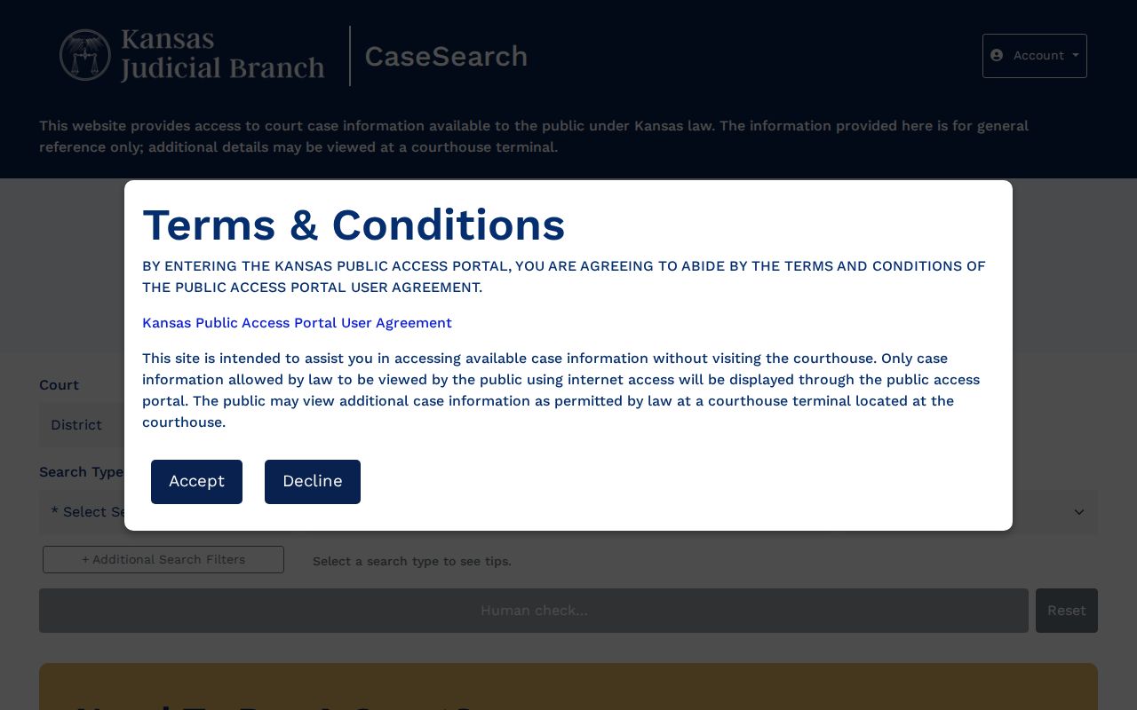 Kansas CaseSearch guest terms and public case lookup interface
