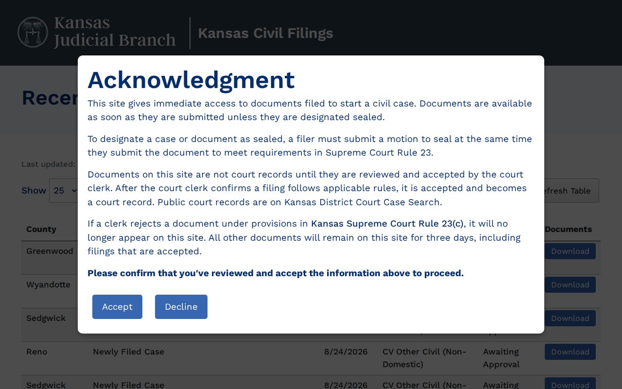 Kansas New Civil Filings portal for recent Jackson County civil submissions