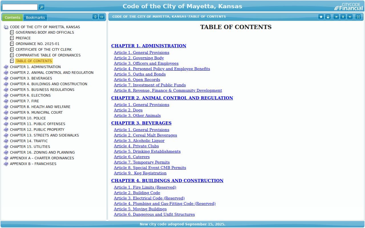 Mayetta municipal code table of contents with court and traffic chapters