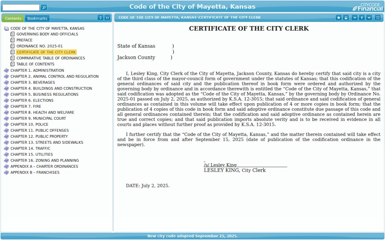 Mayetta city clerk certificate for the hosted municipal code