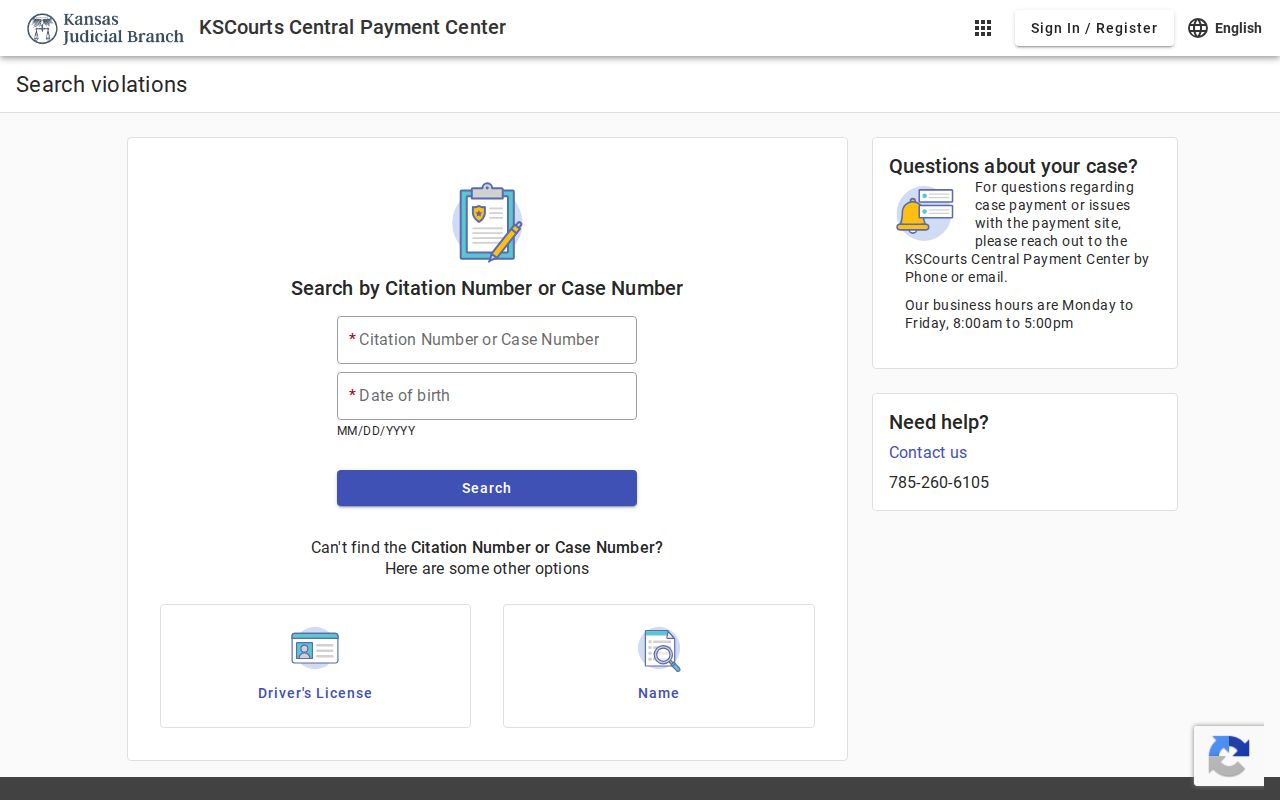 Kansas Central Payment Center citation and violation search fields